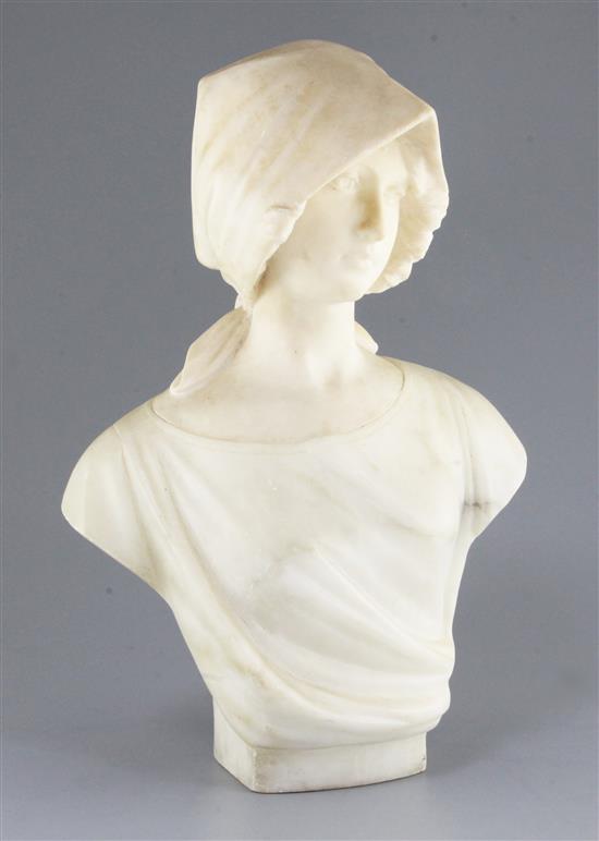 A late 19th century French carved marble and alabaster bust of a young lady, height 17.5in.